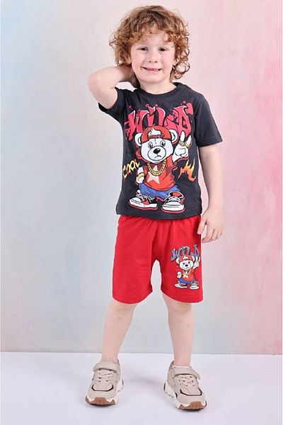 Yağmur Giyim Cool Teddy Bear Patterned Red Shorts Boy's Short Sleeve Suit 7627-K