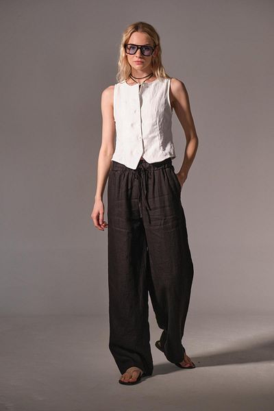 Maule Black 100% Linen Wide Leg Loose Fitting Lace up Elastic Women's Trousers @Leon