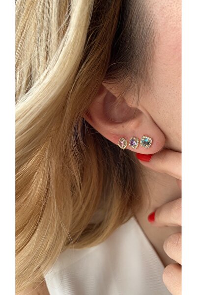 JEWELRY Özel seri renkli taşlı kare 6 lı küpe