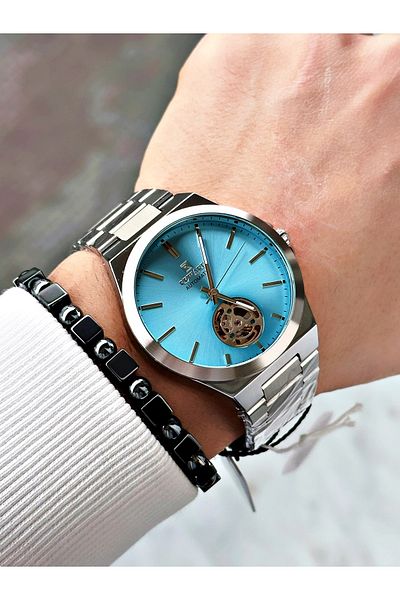 Reward Silver Color Automatic Winding Steel Cord Men's Wrist Watch + Bracelet