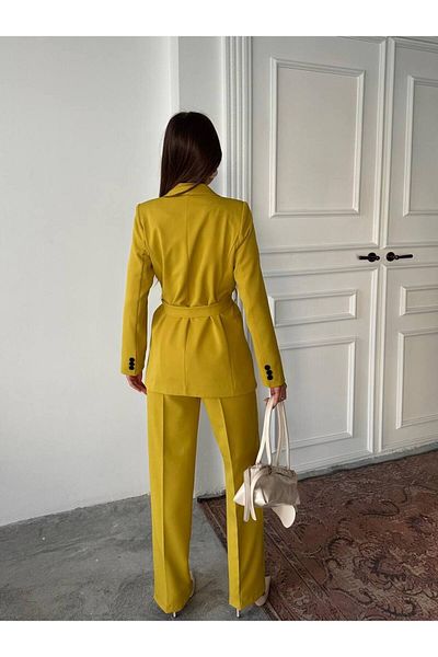 ENZOI Yellow Belted Jacket Palazzo Trousers Suit