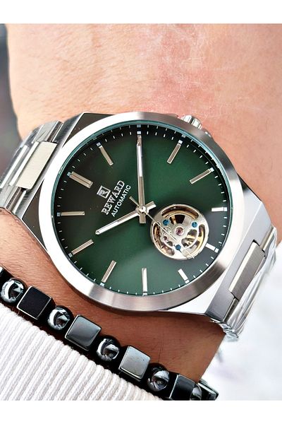 Reward Silver Color Automatic Winding Steel Cord Men's Wrist Watch + Bracelet