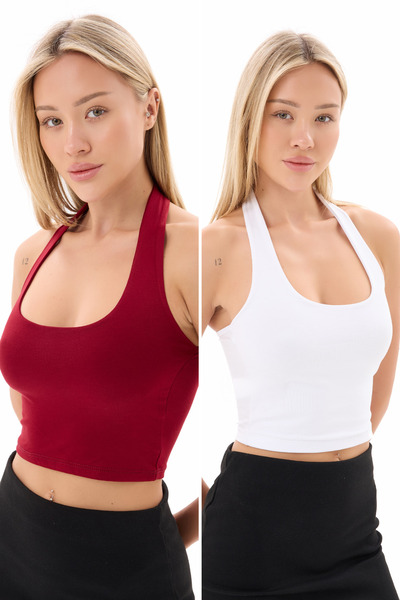 vesantia 2 Pack Burgundy White Halter Neck Crop