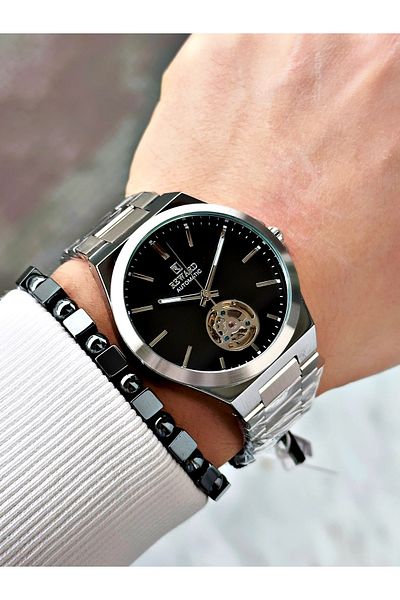 Reward Silver Color Automatic Winding Steel Cord Men's Wrist Watch + Bracelet