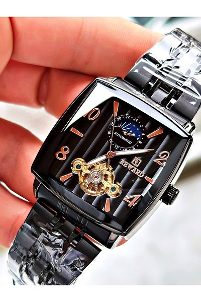 Reward Black Color Square Mechanism Automatic Winding Men's Wrist Watch + Bracelet
