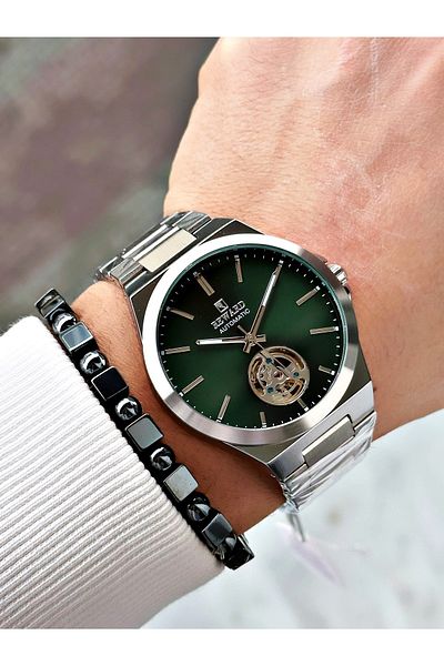Reward Silver Color Automatic Winding Steel Cord Men's Wrist Watch + Bracelet
