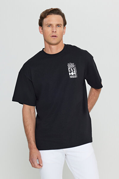 AC&Co / Altınyıldız Classics Ανδρικό μπλουζάκι μαύρο 100% βαμβακερό Oversize Loose Cut Crew Neck με στάμπα