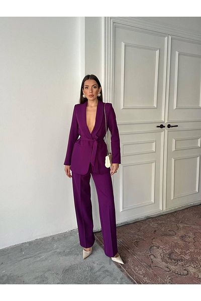 ENZOI Purple Belted Jacket Palazzo Pants Suit