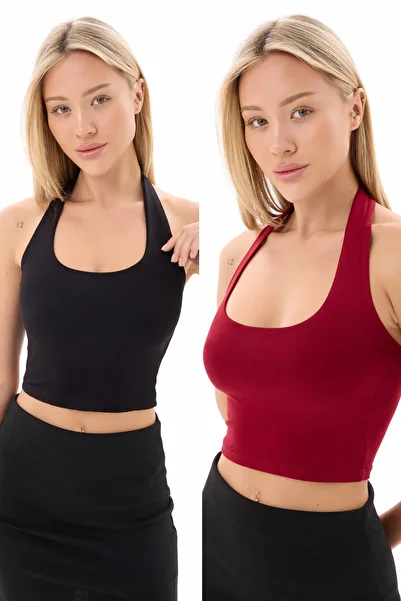 vesantia 2 Pack Black Claret Red Halter Neck Crop