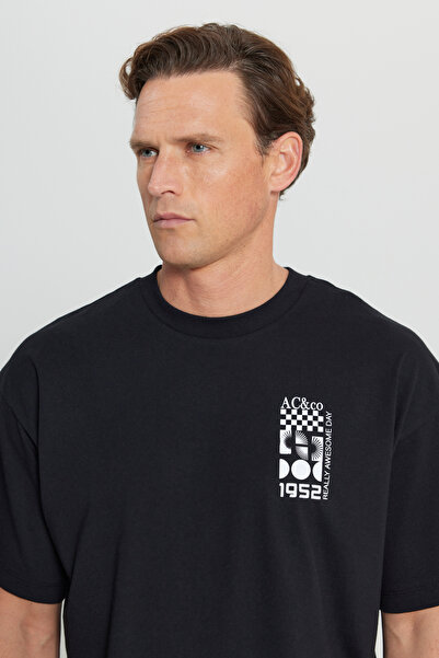 AC&Co / Altınyıldız Classics Ανδρικό μπλουζάκι μαύρο 100% βαμβακερό Oversize Loose Cut Crew Neck με στάμπα