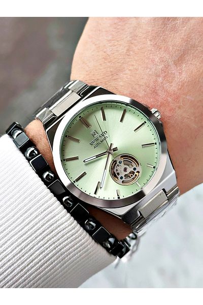 Reward Silver Color Automatic Winding Steel Cord Men's Wrist Watch + Bracelet