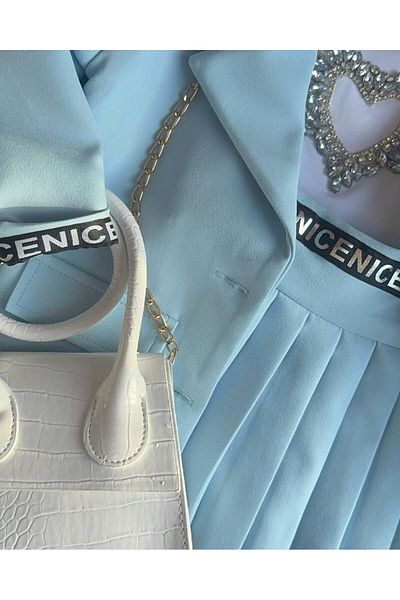 Yalçınoğlu Kids I Elegant Combinație Fată Copii Costum Jachetă, Fustă, Bluză, Geantă și Coroană Albastru Cu Coroană de Perle