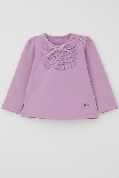 Breeze Kız Bebek Uzun Kollu Tişört Güpürlü Fiyonklu 6 Ay-2 Yaş, Eflatun