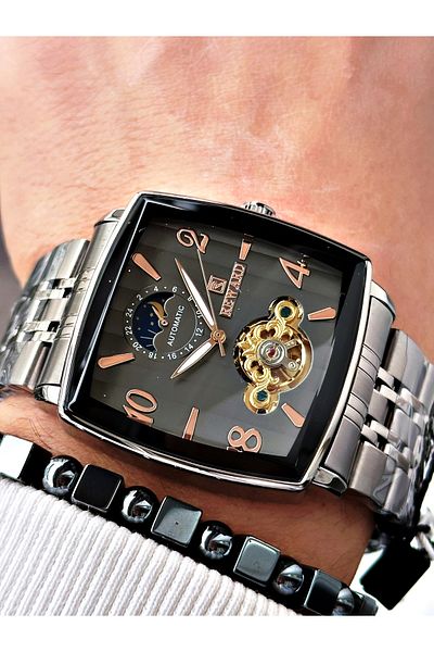 Reward Smoked Color Square Mechanism Automatic Winding Men's Wrist Watch + Bracelet