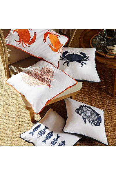 Mudo Home Marine Fish Embroidered Throw Pillow White-Dark Blue 50X50