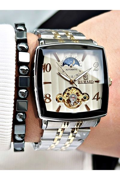 Reward Gold Silver Color Square Mechanism Automatic Winding Men's Wristwatch + Bracelet