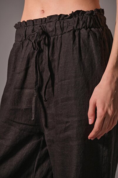 Maule Black 100% Linen Wide Leg Loose Fitting Lace up Elastic Women's Trousers @Leon