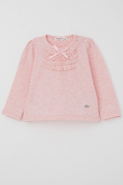 Breeze Kız Bebek Uzun Kollu Tişört Güpürlü Fiyonklu 6 Ay-2 Yaş, Somon Melanj