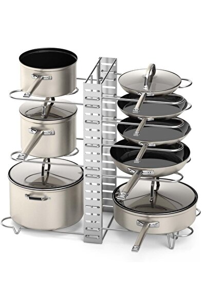 SİLVERLAND Pot and Pan Organizer Rack for Metal Cabinet 3 Different Uses 8 Tiers Organizer