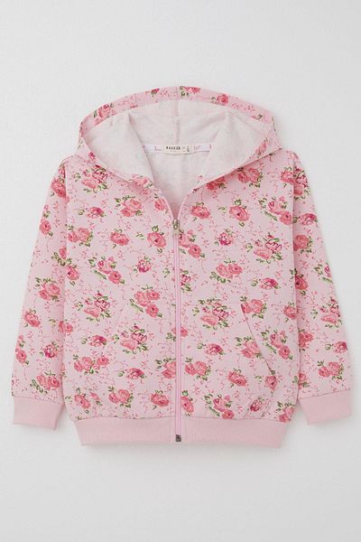 Breeze Pink Zipper Hooded Cardigan for Girls, 1.5-5 Years Old, Flower Pattern