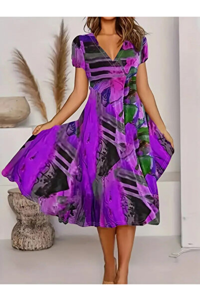 pazarella Women's short sleeve v-neck colorful mixed pattern flared supreme midi dress