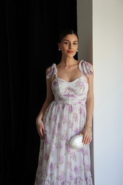 Julidress Lilac Floral Patterned Gipe Detailed Tie-Up Maxi Long Length Premium Chiffon Dress