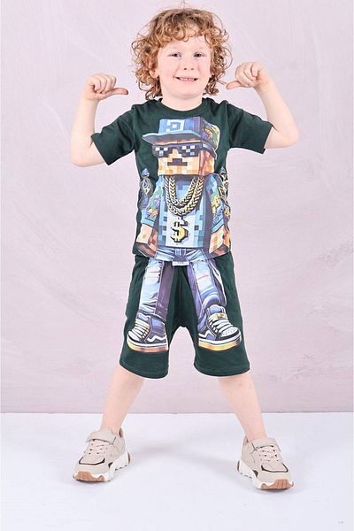 Yağmur Giyim Pjkskt Minec Patterned Dark Green Shorts Boy's Short Sleeve Suit 7614-Ky