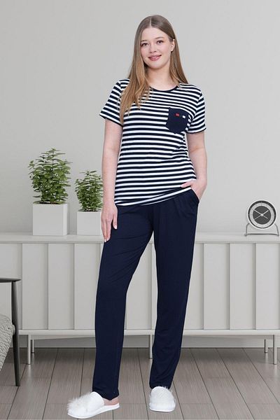 Mecit Pijama Mecit 6202 Navy Blue Striped Large Size Women's Pajama Set