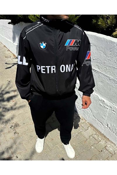 memetti m şekil BMW //m Retro Unisex Black Digital Printed Oversize Raincoat - Parachute Fabric, Windbreaker