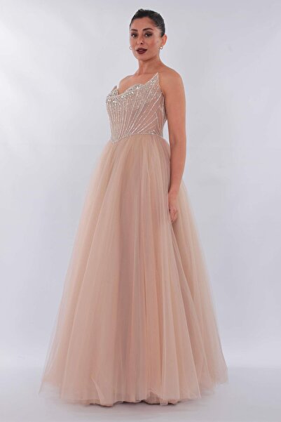 aşkın göksu Bej Beden Taş Ve Balen Detaylı Etek Tül Straplez Yaka Kadın Abiye