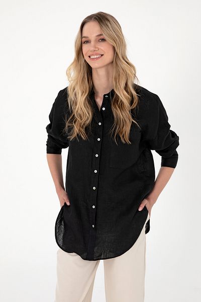 U.S. Polo Assn. Cămașă cu mânecă lungă din in negru pentru femei 50299794-VR046