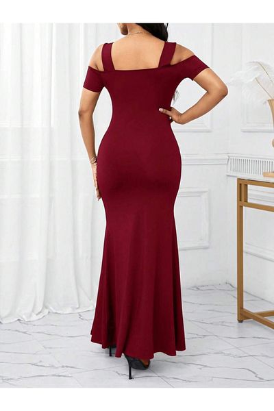 REKA MODA Women's Off-The-Shoulder Strap Slit Detailed Long Imported Crepe Dress