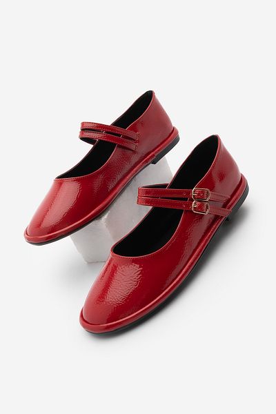 Marjin Ballerinas mit Schnalle für Damen, rotes Lackleder und doppelte Riemen