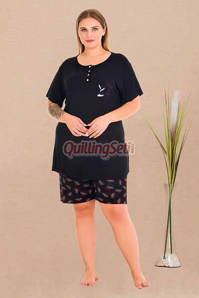 quilling Black Color and Flower Patterned 10440 Large Size Mother Pajama Set with Shorts