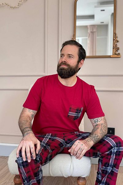 Pijamaevi Claret Red Plaid Pocket Detail Short Sleeve Men's Pajama Set