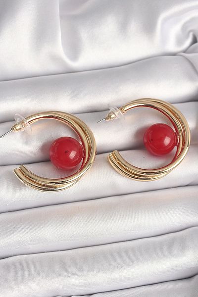 Clariss Heyf Brass Gold Color Hoop Model Red Bead Detail Women's Earrings