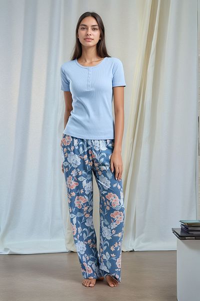 Soweto Set de pijamale pentru femei cu bluză cu mâneci scurte și pantaloni lungi cu imprimeu floral