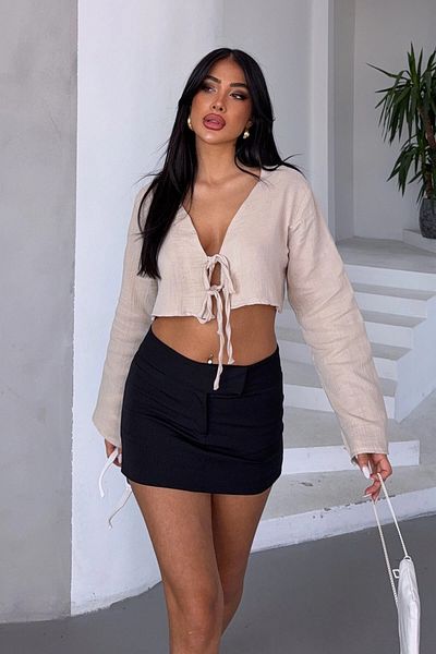 bacc Γυναικεία Μπεζ δεμένη Crop Muslin υφασμένη μπλούζα Bcbt-251005