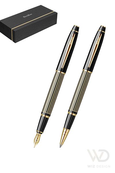 Scrikss 35L Dolmakalem - Roller Pen Set Line Patterned Black Gold Special Gift Boxed