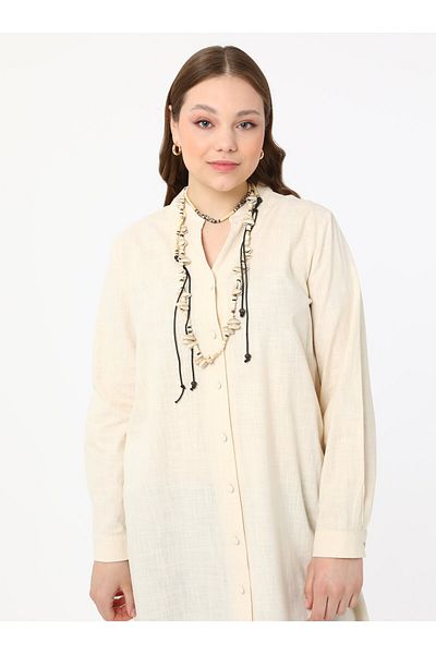 ALİA Plus Size Natural Fabric Neck Buttoned Shirt Tunic - Light Stone - Alia