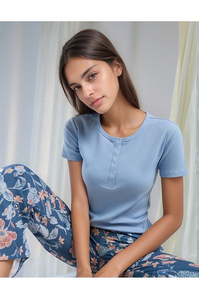 Soweto Set de pijamale pentru femei cu bluză cu mâneci scurte și pantaloni lungi cu imprimeu floral