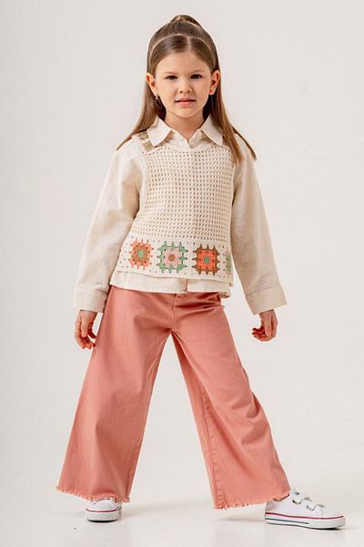 wakawakakidsstore Knitted Sweater Linen Shirt Jeans Trousers 3 Piece Girls Suit - Ecru