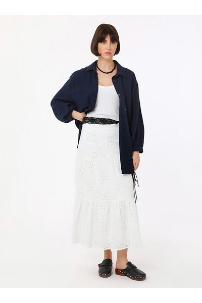 Benin Stylish Skirt with Embroidery Fabric and Side Zipper Detail - Ecru - Benin