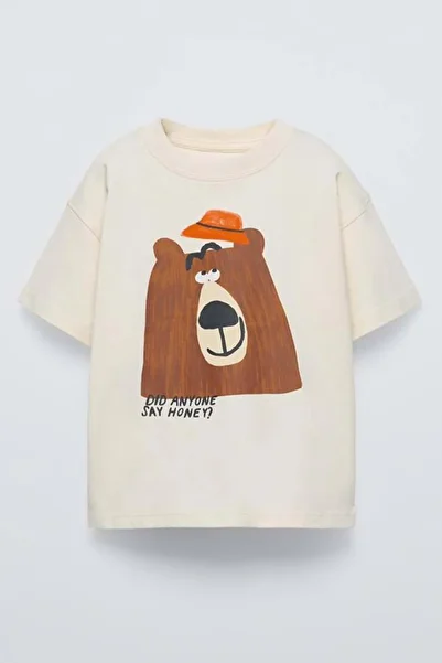wakawakakidsstore Beige Boy's Set: T-Shirt with Teddy Bear Print on the Front and Pants