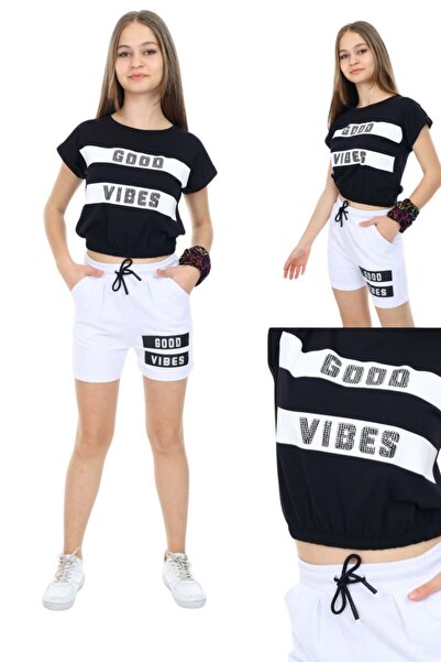 wakawakakidsstore Good Vibes" Σετ σορτς για κορίτσια με στάμπα ασπρόμαυρο - Μ...