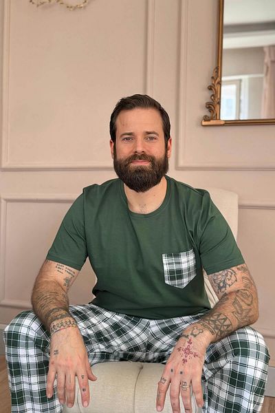 Pijamaevi Smaragdgrünes, kariertes, kurzärmliges Herren-Pyjama-Set mit Taschendetail