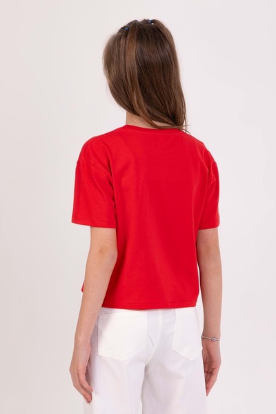 wakawakakidsstore Flower Knitted Appliqued Crew Neck Girl's T-Shirt - Red