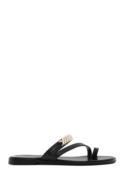 Derimod Women's Black Stone Flip Flops Leather Slippers 25Sfd 160618