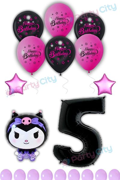 Party City Kuromi Balloon Foil Themed 5Th Birthday Celebration-Happy Birthday Fuchsia Black Balloon-Birthday Party Set