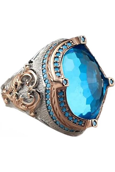 KAMBO El Yapımı 925 Ayar Gümüş Erkek Yüzük Mavi Topaz Taşı ile, Vintage Rodaj...